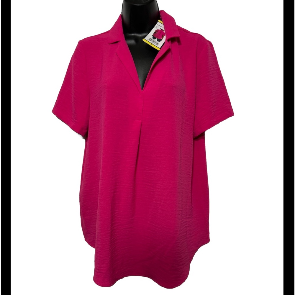 Hilary Radley Women's V-Neck Short Sleeve Blouse, Pink, Size S